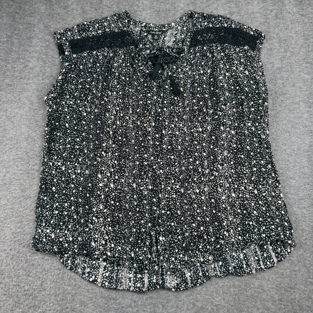 Lucky Brand Sleeveless Blouse Womens Medium Black White Crochet Lace Tassel Boho
